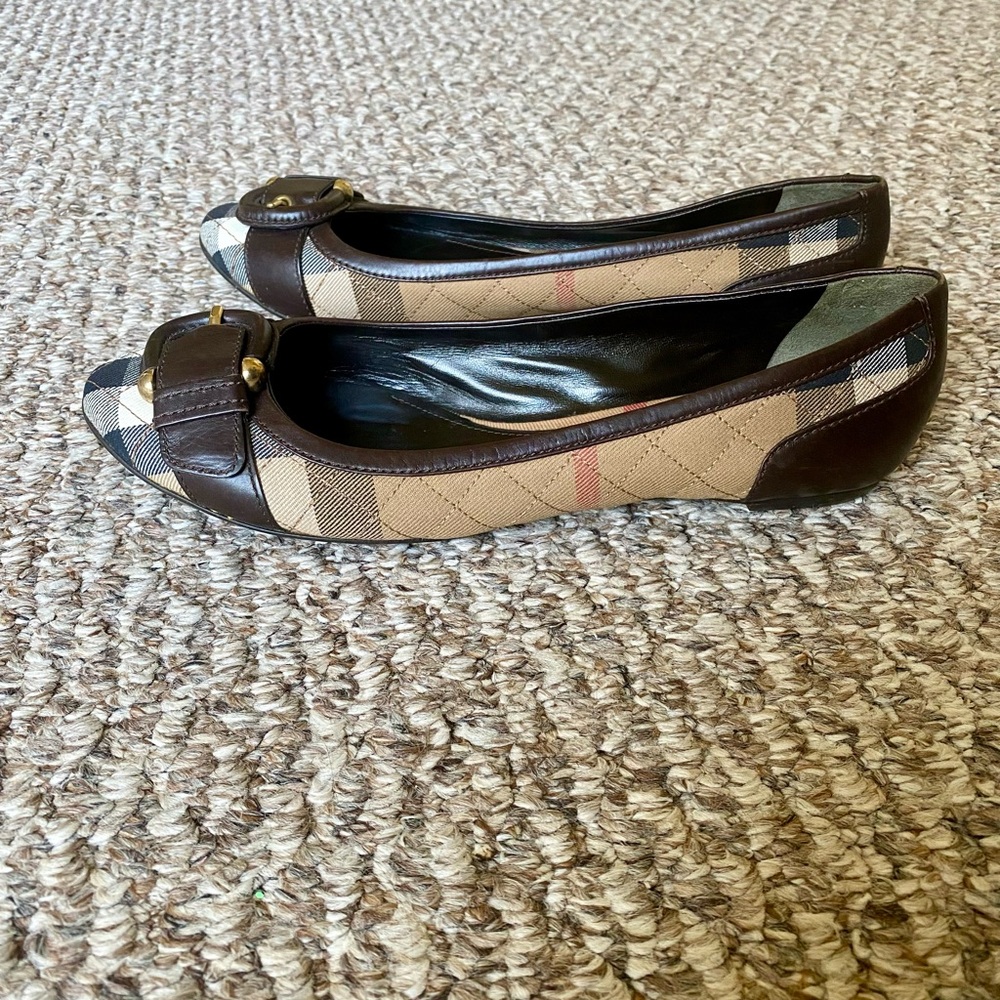 Burberry Beige and Brown Plaid Leather-Trim Ballet Flats with Buckle